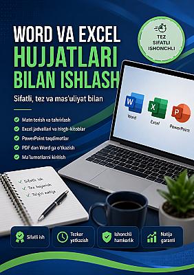 "Word hujjatlarini terib beraman." "PowerPoint taqdimot tayyorlayman." "PDF faylni Word formatiga o'tkazaman." "Ma'lumotlarni Excel jadvaliga kiritaman