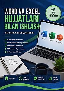 "Word hujjatlarini terib beraman." "PowerPoint taqdimot tayyorlayman." "PDF faylni Word formatiga o'tkazaman." "Ma'lumotlarni Excel jadvaliga kiritaman