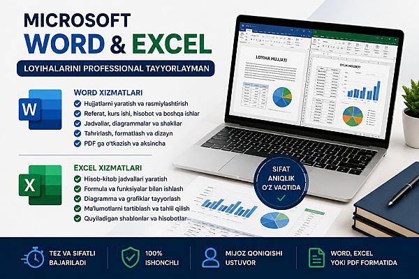 Microsoft Word va Excel loyihalarini professional tayyorlayman