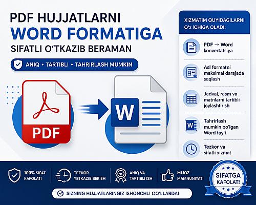 PDF hujjatlarni Microsoft Word formatiga sifatli o'tkazib beraman