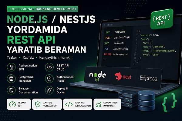 Node.js / NestJS yordamida REST API yaratib beraman