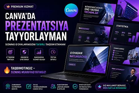 Canva’da sotuv, himoya va taqdimotlar uchun premium prezentatsiya tayyorlayman