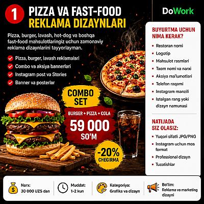Pizza, burger va fast-food uchun professional reklama dizaynlarini tayyorlayman