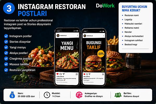 Restoran va kafelar uchun professional Instagram post va Stories dizayn qilaman