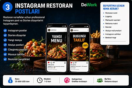 Restoran va kafelar uchun professional Instagram post va Stories dizayn qilaman