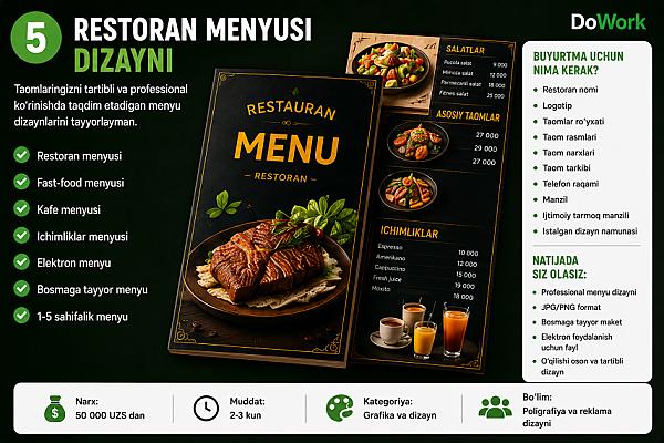 Restoran, kafe va fast-food uchun zamonaviy menyu dizaynini tayyorlayman