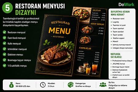 Restoran, kafe va fast-food uchun zamonaviy menyu dizaynini tayyorlayman