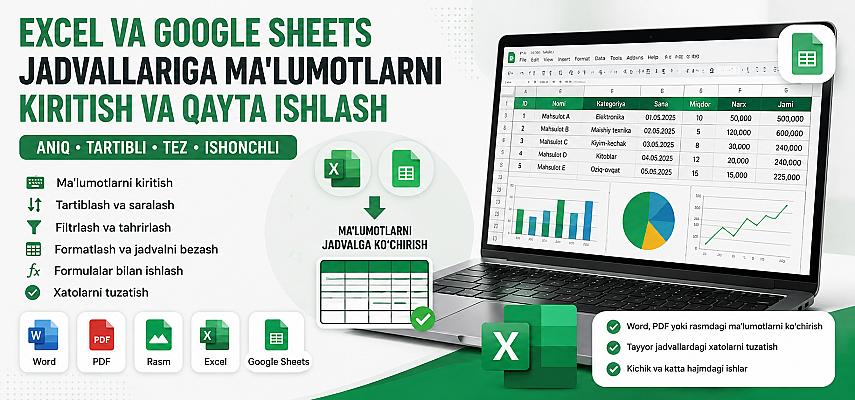 Excel va Google Sheets jadvallariga ma'lumotlarni kiritish va qayta ishlash