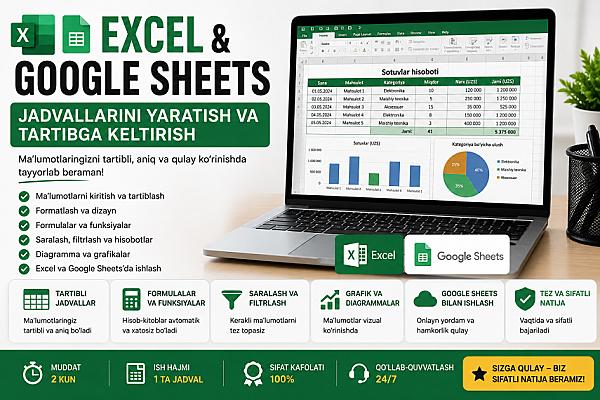 Excel va Google Sheets jadvallarini yaratish va tartibga keltirish