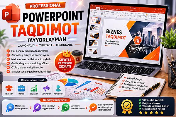 PowerPoint dasturida professional taqdimot tayyorlayman