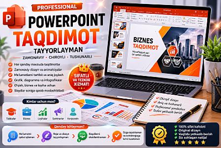 PowerPoint dasturida professional taqdimot tayyorlayman