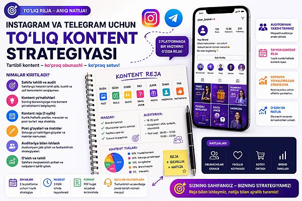 Instagram va Telegram uchun to‘liq kontent strategiyasi tuzaman