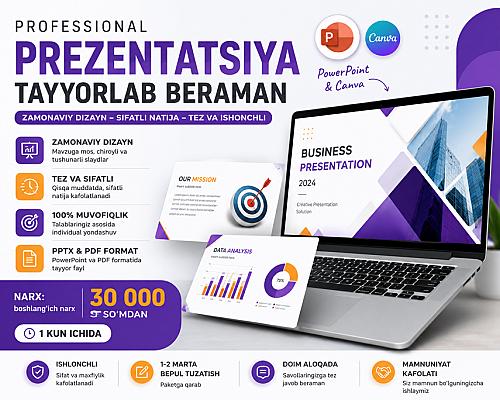 Professional PowerPoint prezentatsiya tayyorlab beraman