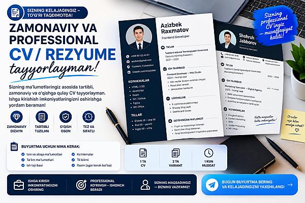 Zamonaviy va professional CV/Rezyume tayyorlayman