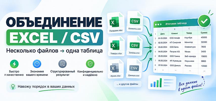 Объединю несколько Excel/CSV-файлов в одну таблицу