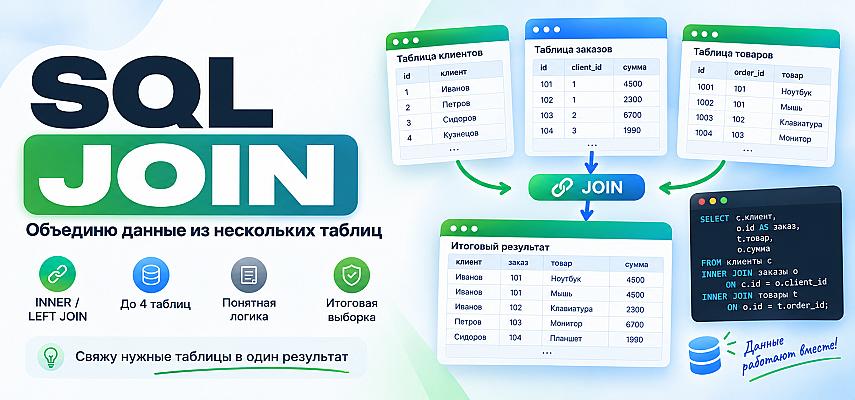Объединю таблицы через JOIN и подготовлю итоговую выборку