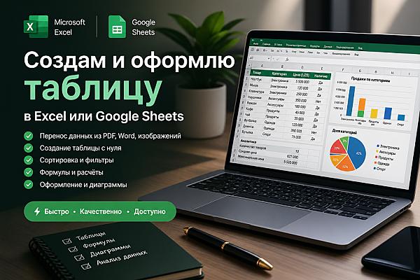 Создам и оформлю таблицу в Excel или Google Sheets