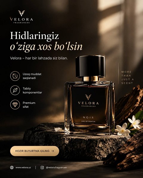 Velora parfyumeriya brendi uchun premium reklama dizayni